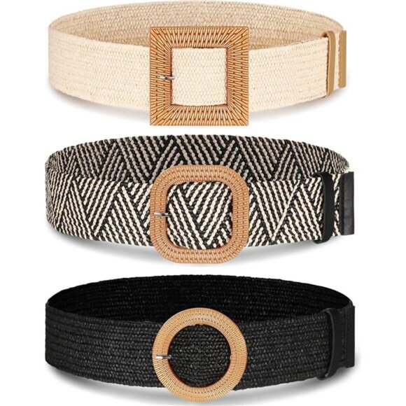 3 Pieces Straw Woven Elastic Waist Belt for Women Bohemian Dress Braided main image 8